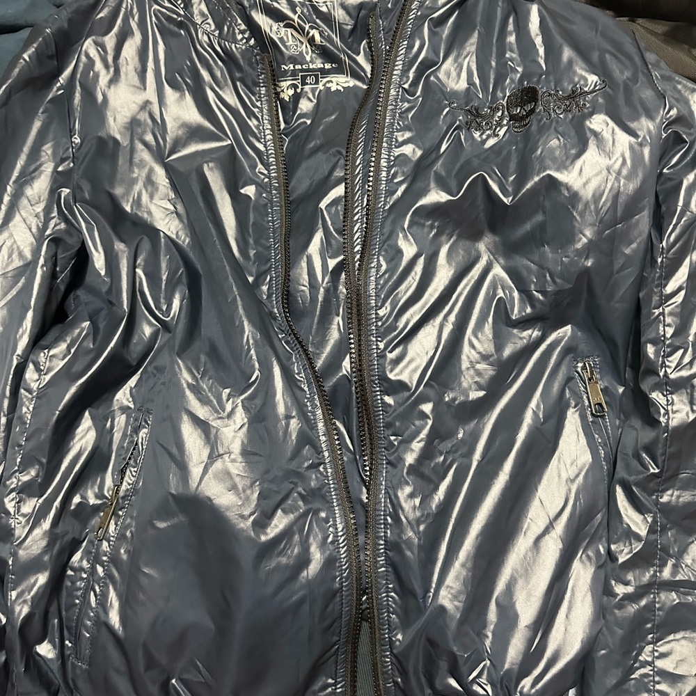 Mackage Silver Embroidered Skull Logo Bomber Jacket